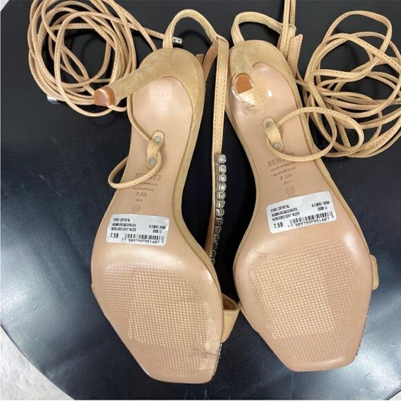 Schutz Vikki Crystal Embellished Ankle Wrap High Heel Sandals‎ Tan 7.5 Leather - Picture 11 of 15